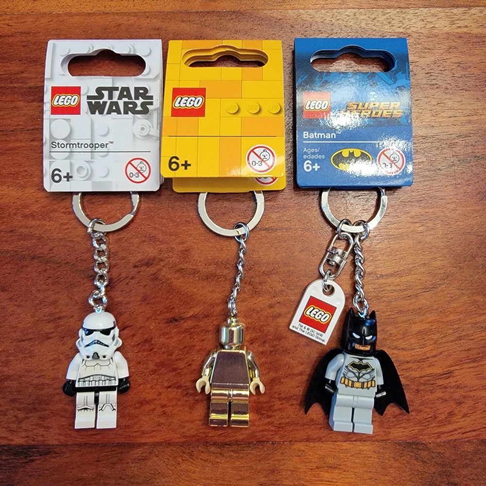 Lot of three Lego keychains - Batman, Stormtrooper and Gold minifigure, New